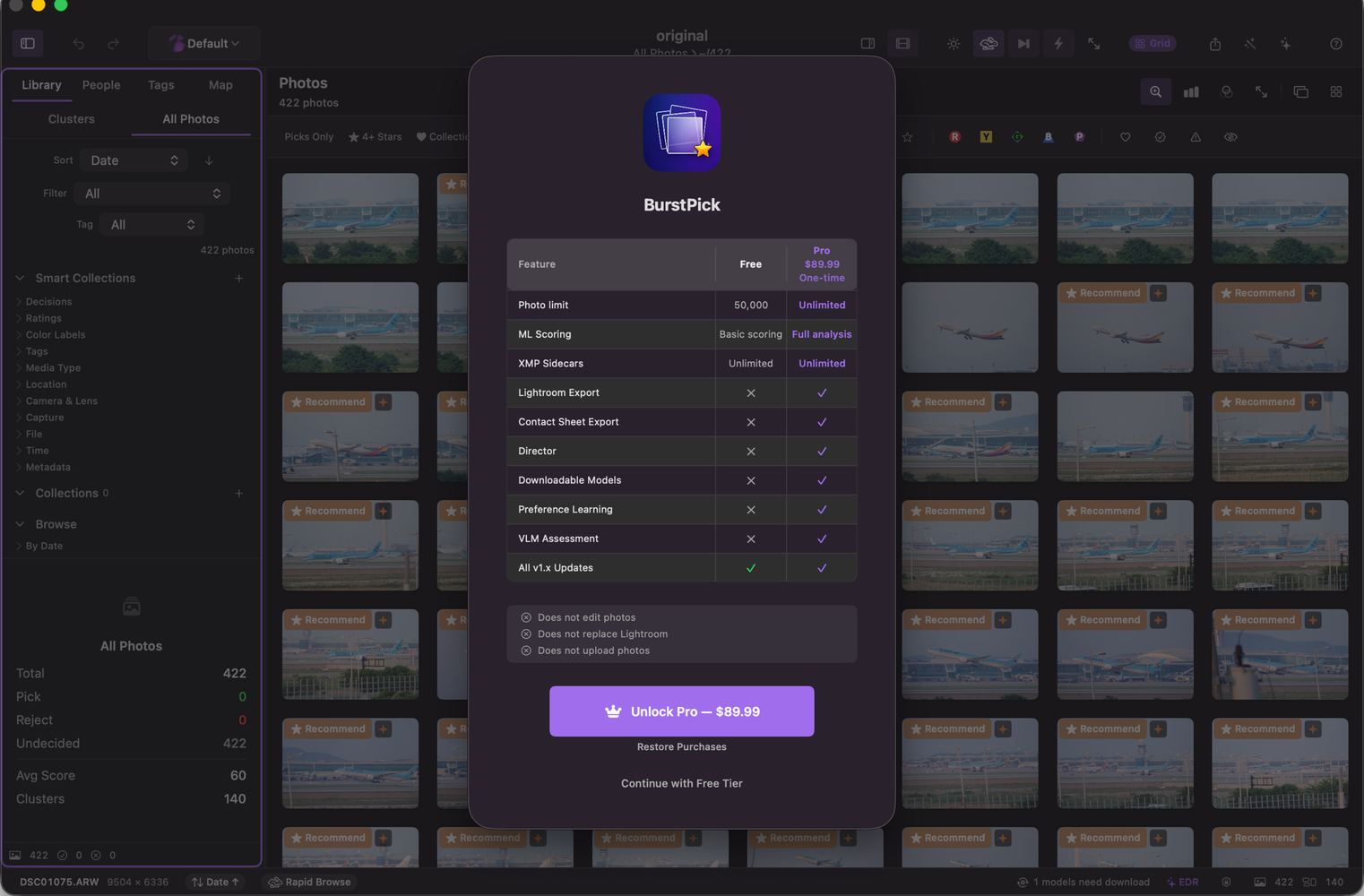Pro purchase: Free and Pro limits shown in the in-app purchase sheet.